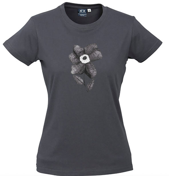 Large Hatched Flower Womens Unisex T Shirt - Charcoal