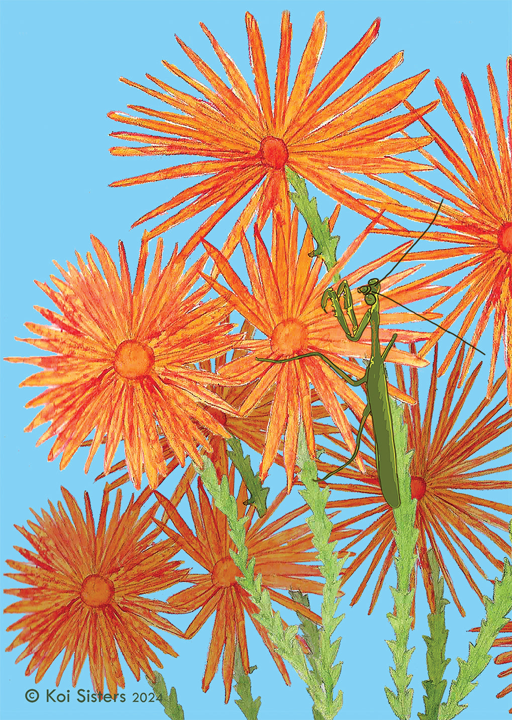 Koi Sisters - Orange Daisies & Praying Mantis A3 print