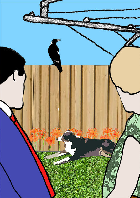 Koi Sisters Card - Urban 2, couple, dog, magpie on fence