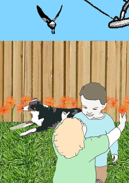 Koi Sisters Card - Urban 4, toddlers hugging, dog, magpie flying