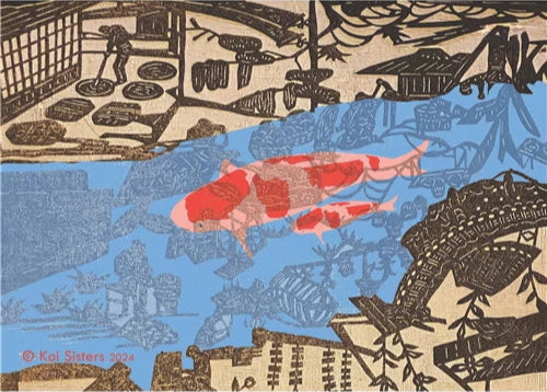 Koi Sisters - Koi in the Village Blue River - A1 print