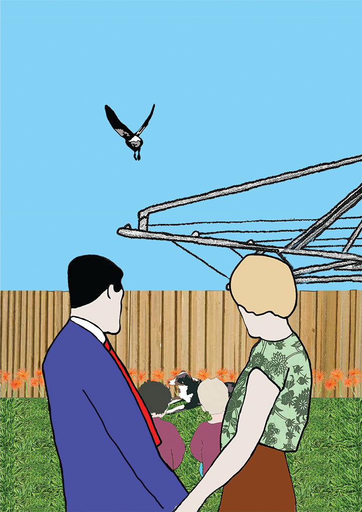 Koi Sisters Card - Urban 7, couple, kids, dog, magpie flying