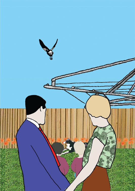 Koi Sisters Card - Urban 7, couple, kids, dog, magpie flying