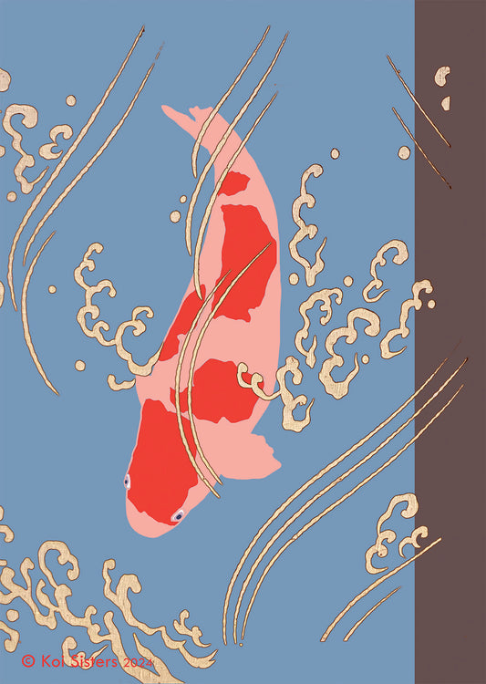 Koi Sisters - Pink Koi in blue water Portrait - A3 print