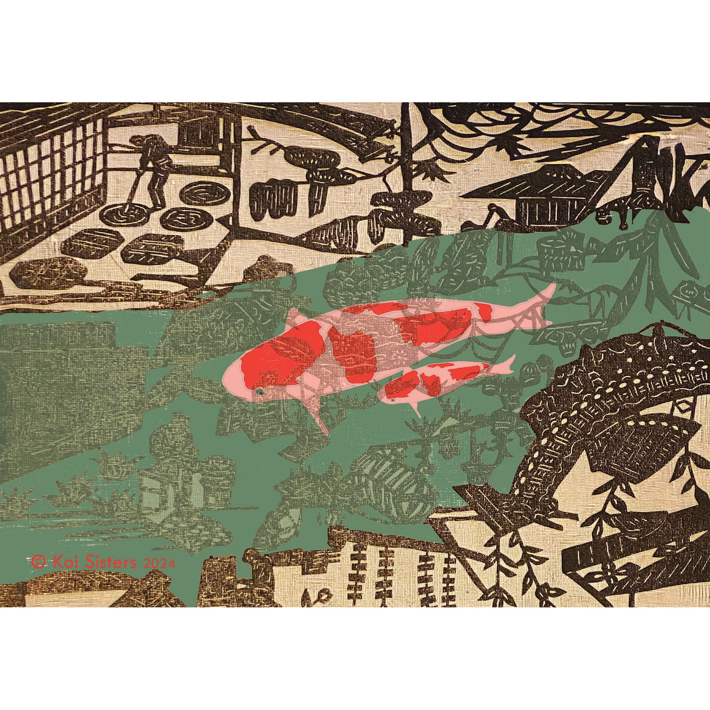 Koi Sisters - Koi in the Village green River - A3 print