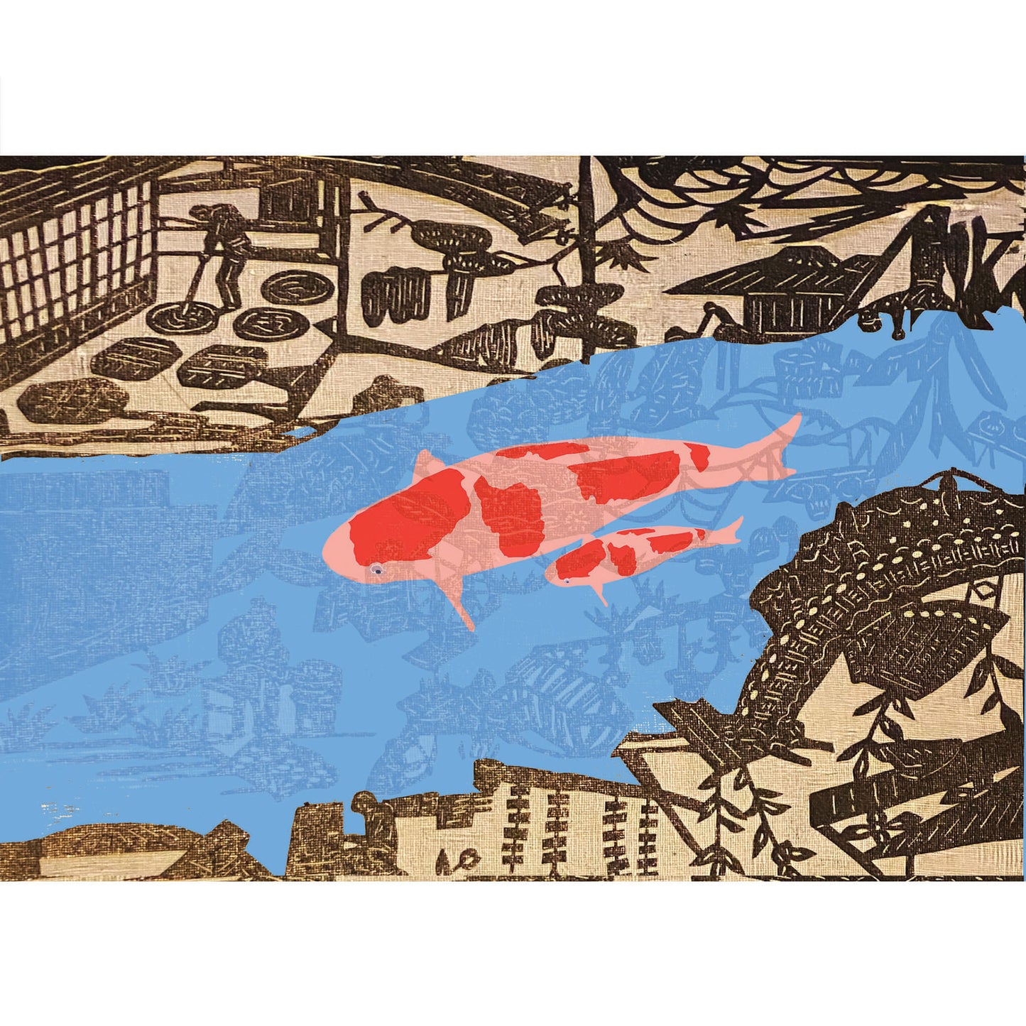 Koi Sisters Card - Koi in the village blue river