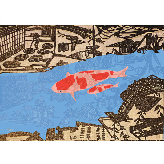 Koi Sisters Card - Koi in the village blue river