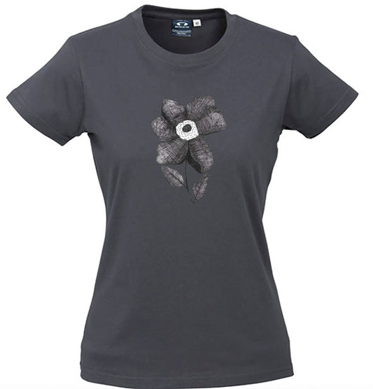 Large Hatched Flower  Womens Unisex T Shirt - Charcoal